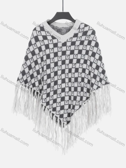 Wholesale Women's V Neck Plain Knitted Tassel Fringe Trim Checkerboard Print Poncho 80073#