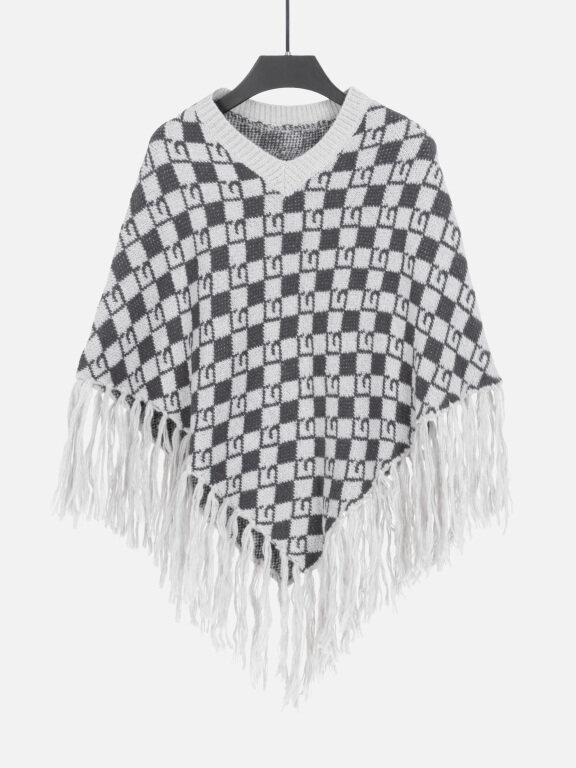 Women's V Neck Plain Knitted Tassel Fringe Trim Checkerboard Print Poncho 80073#, LIUHUA Clothing Online Wholesale Market, All Categories