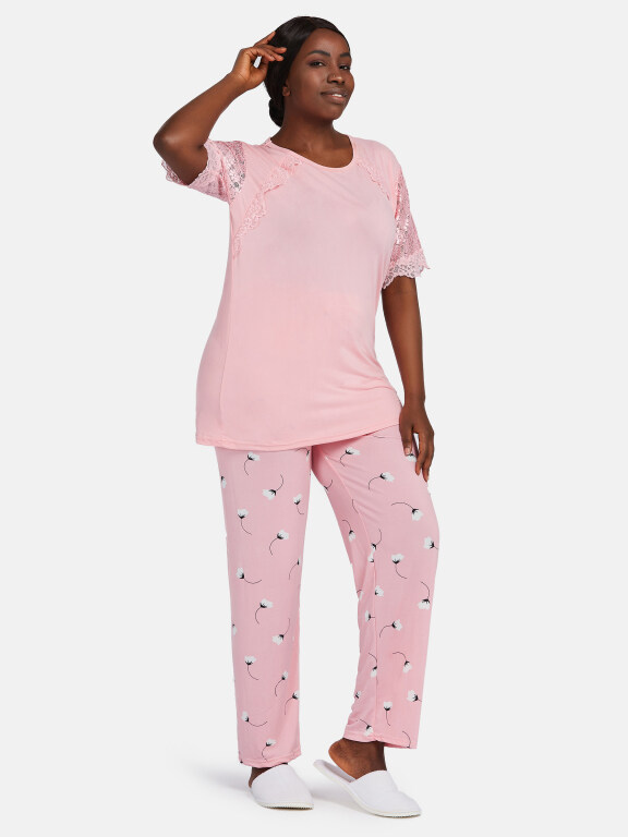 Women's Casual Lounge Floral Short Sleeve Lace Trim Plain T-shirt & Pant Pajamas Sets, Clothing Wholesale Market -LIUHUA, WOMEN, Sleepwear