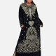 Women's Muslim Oversized Floral Modest Velvet Abaya Muslim Embroidery Long Sleeve Maxi Dress Black Clothing Wholesale Market -LIUHUA