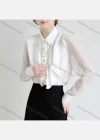 Wholesale Women's Casual Collared Sheer Long Sleeve Chain Decor Ruffle Trim Button Down Plain Shirt 066274# - Liuhuamall