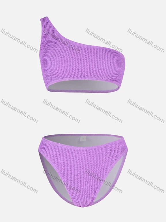 Wholesale Women's Sexy Plain One Shoulder Ribbed High Waist Swimsuit 2-piece Set