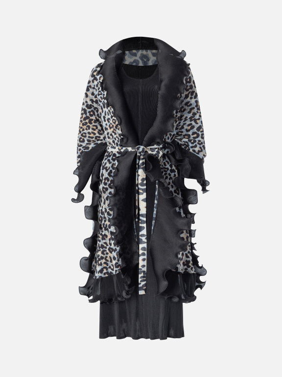 Women's Fashion Maxi Dress & Ruffle Trim Belted Leopard Print Cardigan Set 1671#, Clothing Wholesale Market -LIUHUA, 