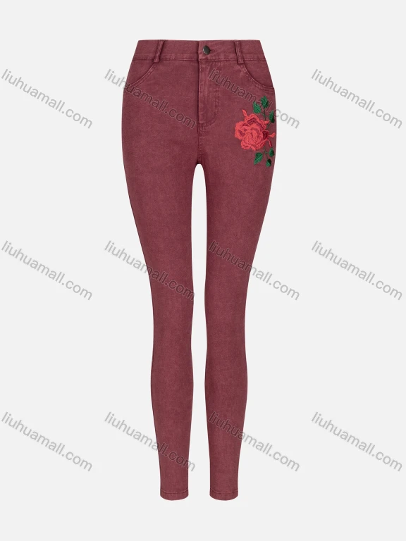 Wholesale Women's Casual Skinny Flower Embroidered Long Plain Legging