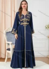 Wholesale Women's Arabic Muslim Islamic V Neck Gold Thread Dubai Embroidery Abaya Maxi Dress 3250# - Liuhuamall