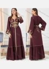 Wholesale Women's Arabic Muslim Islamic V Neck Gold Thread Dubai Embroidery Abaya Maxi Dress 3250# - Liuhuamall