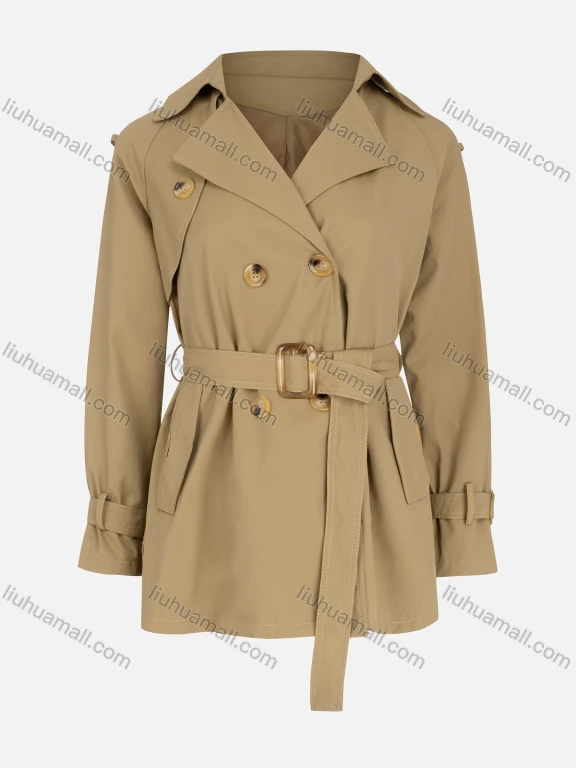 Wholesale Woman's Casual Lapel Notched Collar Long Sleeve Double Breasted Trench Coat With Belt