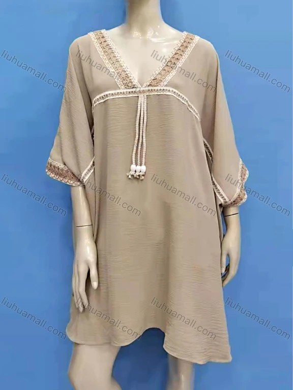 Wholesale Women's Vintage V Neck 3/4 Sleeve Embroidery Trim Short Dress