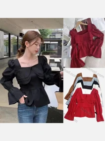 Wholesale Women's Casual Square Neck Bell Sleeve Peplum Blouse, LIUHUA CLOTHING WHOLESALE