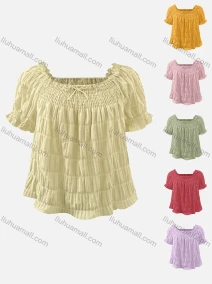 Wholesale Women's Casual Plain Bow Tie Shirred Short Sleeve Ruffle Trim Blouse, LIUHUA CLOTHING WHOLESALE