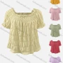 Wholesale Women's Casual Plain Bow Tie Shirred Short Sleeve Ruffle Trim Blouse preview