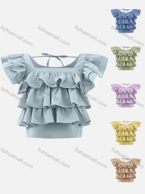 Wholesale Women's Casual Plain Square Neck Cap Layered Sleeve Ruffle Trim Blouse, LIUHUA CLOTHING WHOLESALE