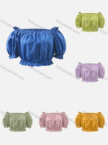 Wholesale Women's Casual Plain Off Shoulder Puff Sleeve Ruffle Trim Ruched Crop Blouse, LIUHUA CLOTHING WHOLESALE