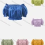 Wholesale Women's Casual Plain Off Shoulder Puff Sleeve Ruffle Trim Ruched Crop Blouse preview