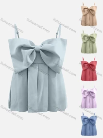 Wholesale Women's Casual Plain Spaghetti Strap Bow Knot Pleated Hem Blouse, LIUHUA CLOTHING WHOLESALE