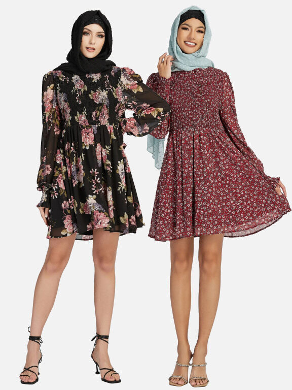 Women's Casual Floral Print Long Sleeve Shirred Ruffle Hem Chiffon Short Dress FZ017#, Clothing Wholesale Market -LIUHUA, WOMEN, Dresses