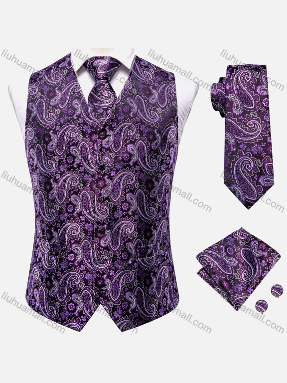 Wholesale Men's Formal Single Breasted Silky Waistcoat With Necktie & Kerchief & Cufflinks 4-piece Set