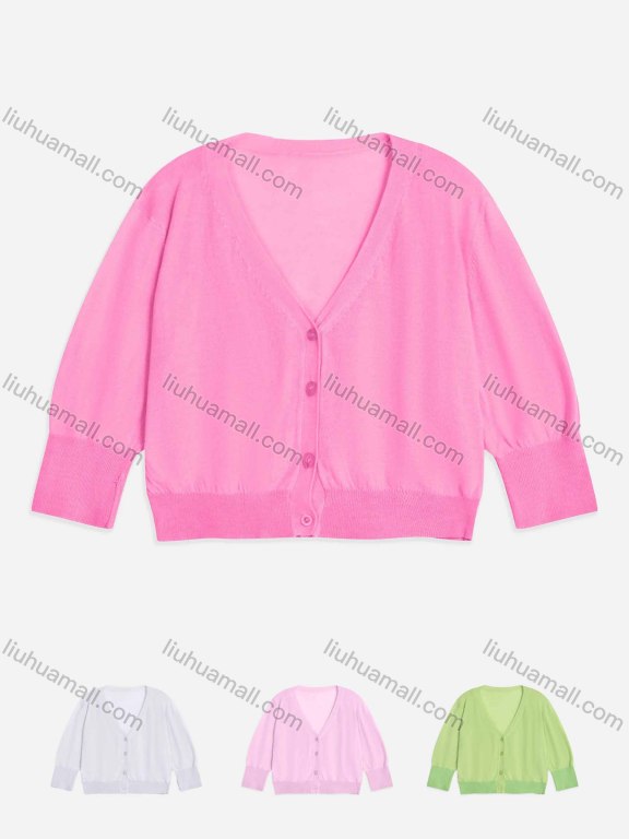 Wholesale Women's 100%Cotton V Neck Long Sleeve Plain Button Down Crop Cardigan 9209#