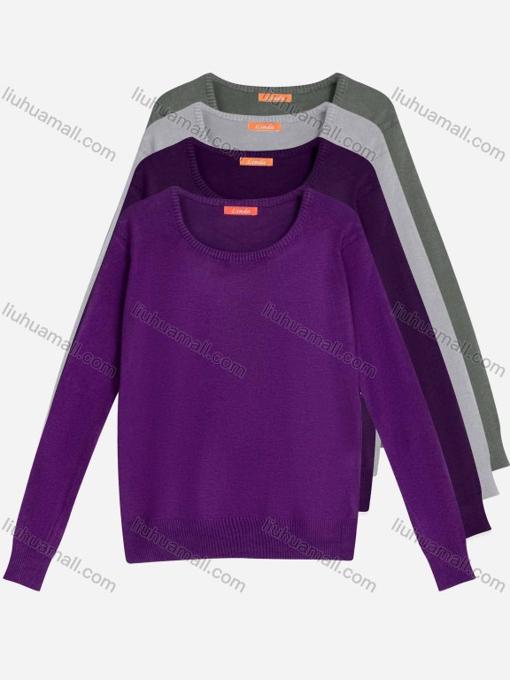 Wholesale Women's Plain Elastic Round Neck Long Sleeve Pullover Sweater 9067#