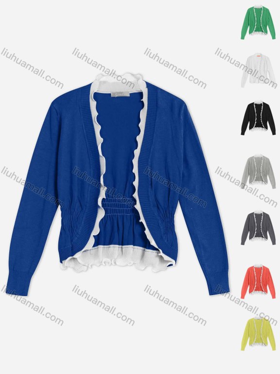 Wholesale Women's Long Sleeve Scalloped Trim Shirred Crop Cardigan WC216#