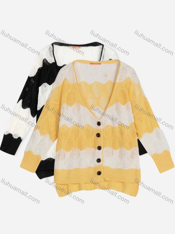 Wholesale Women's Colorblock Long Sleeve Button Down Crochet Cardigan 9088#