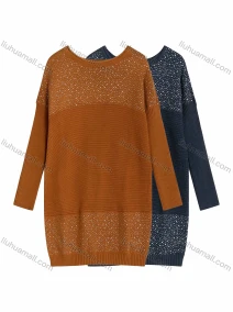 Wholesale Women's Plain Casual Round Neck Ribbed Rhinestone Decor Long Sleeve Knee Length Sweater Dress 9151#, LIUHUA CLOTHING WHOLESALE