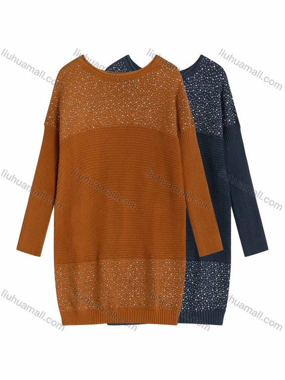 Wholesale Women's Plain Casual Round Neck Ribbed Rhinestone Decor Long Sleeve Knee Length Sweater Dress 9151#