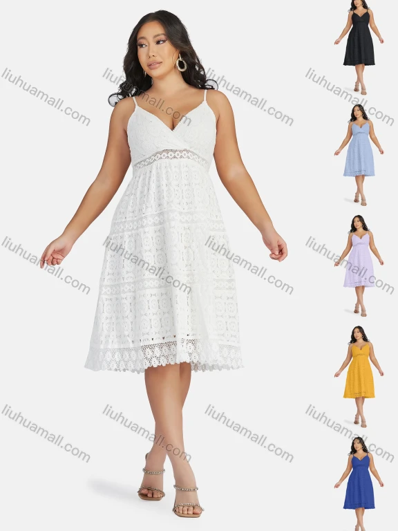 Wholesale Women's Sexy Deep V Neck Hollow Out Guipure Lace Sleeveless Cami Knee Length Dress 1818#