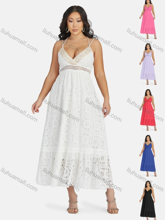 Wholesale Women's Sexy Deep V Neck Hollow Out Guipure Lace Tassel Sequin Cami Maxi Dress 6315#