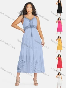 Wholesale Women's Sexy Sweetheart Hollow Out Sleeveless Guipure Lace Tassel Cami Midi Dress 1819#, LIUHUA CLOTHING WHOLESALE