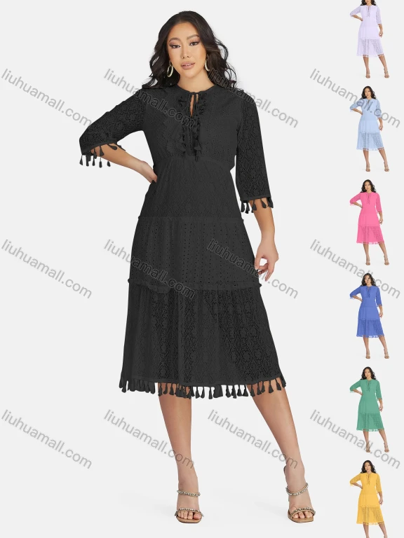 Wholesale Women's Sexy Notched Neck Half Sleeve Guipure Lace Tassel See Through Knee Length Dress 1821#