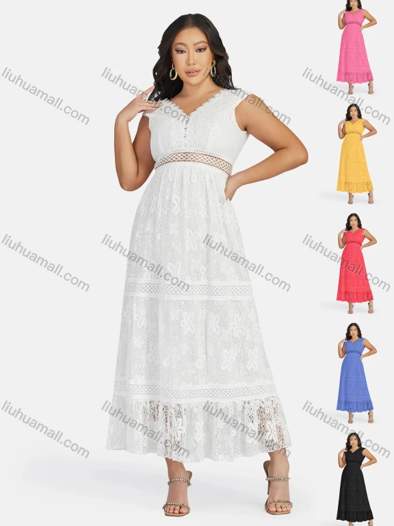 Wholesale Women's Sexy V Neck Hollow Out Guipure Lace Sleeveless Backless Midi Tank Dress 1822#