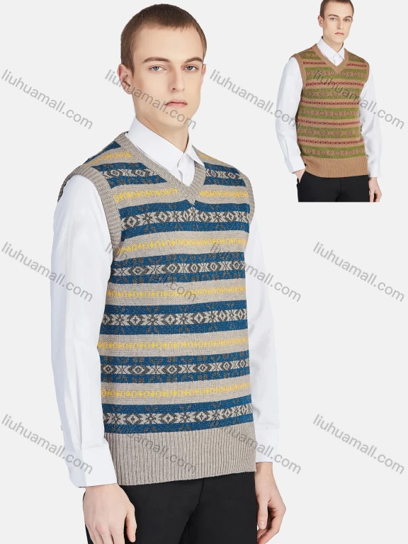 Wholesale Men's Casual V Neck Striped Folk Art Knit Sweater Vest 8330#