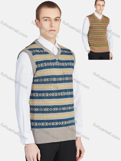 Wholesale Men's Casual V Neck Striped Folk Art Knit Sweater Vest 8330#