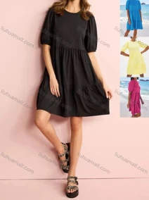 Wholesale Women's Casual Plain Round Neck Half Sleeve Ruched Short Dress 9216#, LIUHUA CLOTHING WHOLESALE