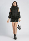 Wholesale Women's Fashion Stand Collar Plain Embroidery Lace Semi-sheer Lantern Sleeve Blouse - Liuhuamall