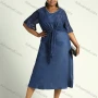Wholesale Women's Casual Sweetheart Neck Ruffled Half Sleeve Tie Front Midi Denim Dress preview