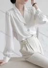 Wholesale Women's Elegant Long Sleeve Shawl Collar Button Down Plain Ruched Shirts 674986# - Liuhuamall