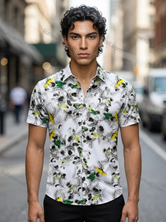 Wholesale In Stock Men's Slim Fit Short Sleeve Shirt, Butterfly Floral Print Casual Button - Down Shirt