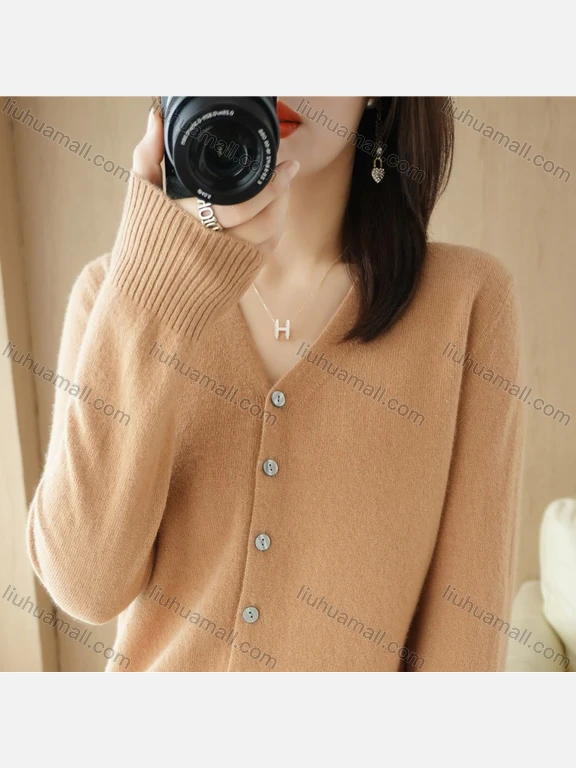 Wholesale Women's Casual Plain V Neck Ribbed Long Sleeve Button Down Knit Cardigan