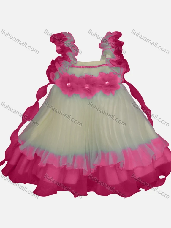 Wholesale Girls Lovely 3D Floral Appliques Ruched Tiered Ruffle Trim Dress