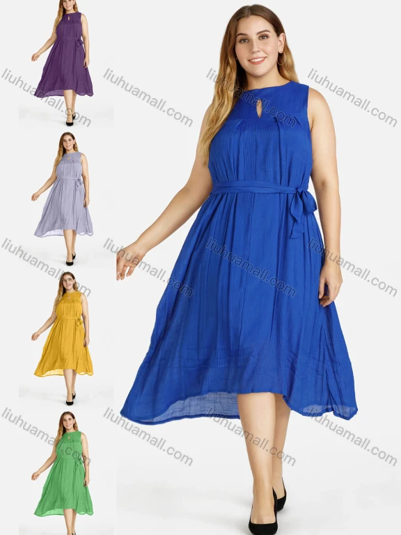 Wholesale Women's Linen Plain Sleeveless Keyhole Neck Midi Dress With Belt