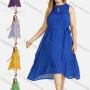 Wholesale Women's Linen Plain Sleeveless Keyhole Neck Midi Dress With Belt preview
