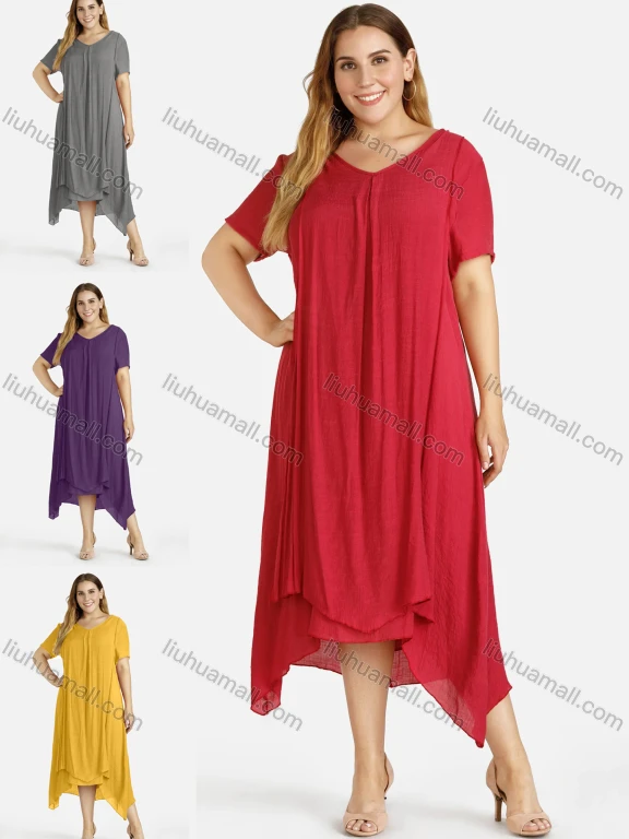 Wholesale Women's Plain Linen Short Sleeve Hanky Hem Midi Dress