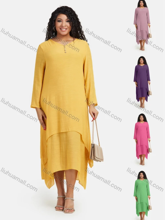 Wholesale Women's Plus Size Linen Long Sleeve Plain Layered Hem Cozy Midi Casual Dress