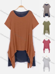 Wholesale Women's Short Sleeve Fake Two Piece Plain Casual Tunic, LIUHUA CLOTHING WHOLESALE