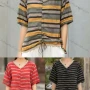 Wholesale Women's Casual Comfort V Neck Top Half Sleeve Colorblock Striped Blouse With Drawstring preview