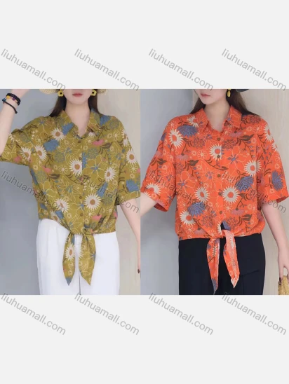 Wholesale Women's Linen Half Sleeve Collared Loose Fit Blouse Button Down Flora Print Shirt