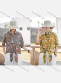 Wholesale Women's Linen Leisure Collared Knot Botton Down Blouse Plant & Floral Print Half Sleeve Shirt, LIUHUA CLOTHING WHOLESALE