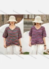 Wholesale Women's Casual Comfort V Neck Top Half Sleeve Colorblock Striped Blouse With Drawstring - Liuhuamall